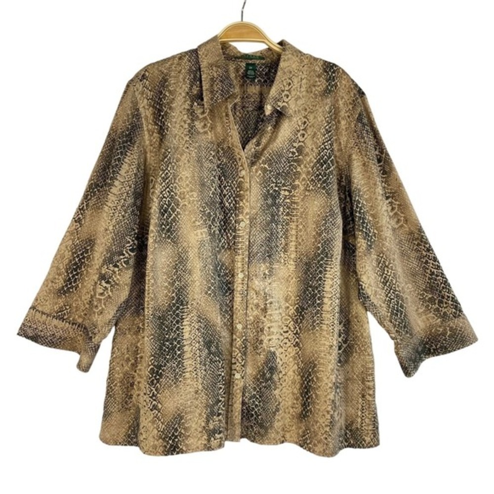 Lauren Ralph Lauren Snakeskin Button Up Shirt Women 2X Tan Black Cotton 90s‎ Y2K